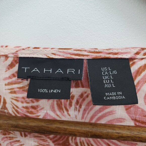 Tahari 100% Linen Button Front Floral Blouse Womens Size L Resort Boho Vacation - Picture 9 of 14